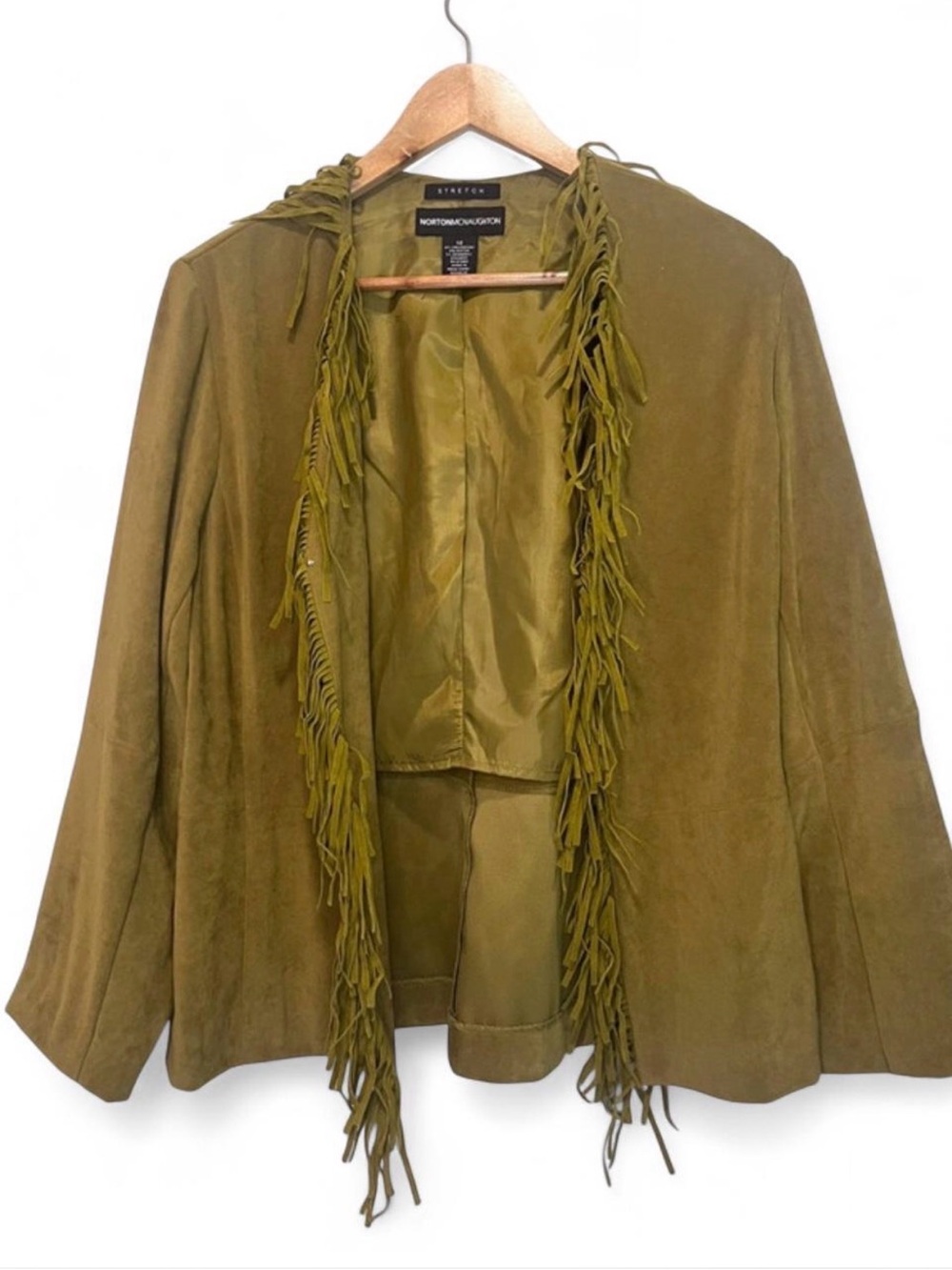 Vintage Norton McNaughton faux suede fringe open-front jacket, apple green olive